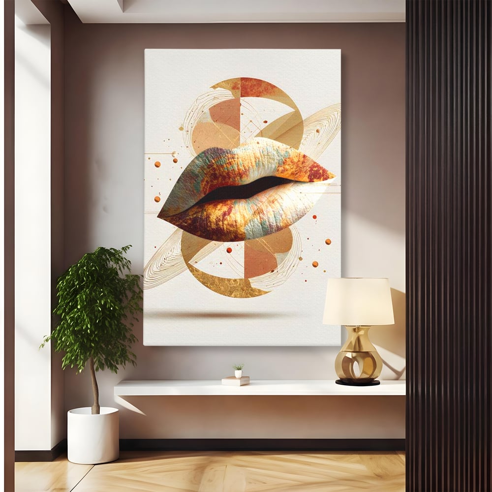 Tablou canvas cu tablou canvas cu buze aurii si forme geometrice, fara rama, pe sasiu de lemn